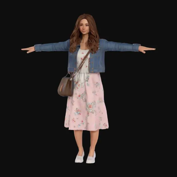 3D model for A game-ready 3D avatar of a 32-year-old female, modern mom style, wearing a floral midi dress, denim jacket, and white sneakers. Long wavy brown hair, carrying a small tote bag. Low-poly model with PBR textures for realistic fabric and skin, T pose