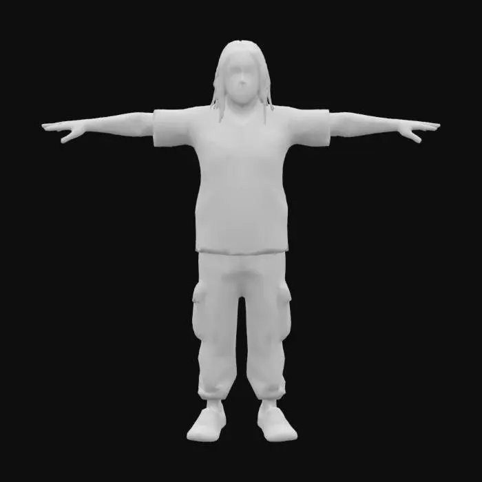 3D model for A game-ready 3D avatar of a 22-year-old male, sustainable fashion style, wearing a recycled cotton green T-shirt, cargo pants, and eco-friendly sneakers. Medium-length dreadlocks, minimal beard. Optimized low-poly model with PBR textures for organic fabrics and skin, A/T-pose. T pose
