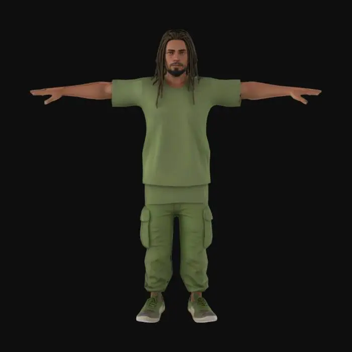 3D model for A game-ready 3D avatar of a 22-year-old male, sustainable fashion style, wearing a recycled cotton green T-shirt, cargo pants, and eco-friendly sneakers. Medium-length dreadlocks, minimal beard. Optimized low-poly model with PBR textures for organic fabrics and skin, A/T-pose. T pose