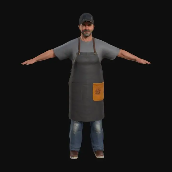 3D model for A game-ready 3D avatar of a 45-year-old male street-food vendor, casual work style, wearing a branded apron over a grey T-shirt, denim jeans, and a baseball cap. Short black hair, slight stubble. Low-poly, PBR-textured model for realistic worn fabric and skin,T pose