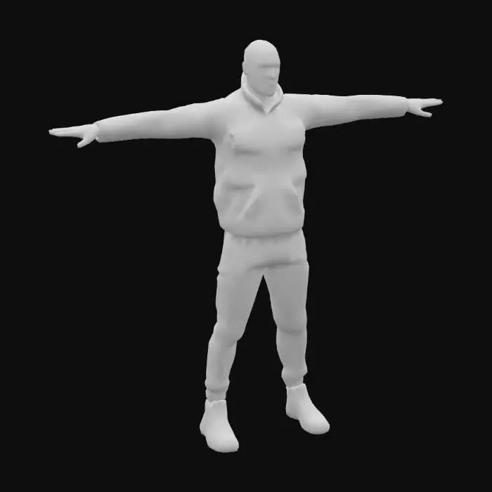 3D model for A game-ready 3D avatar of a 26-year-old male bike courier, urban style, wearing a black windbreaker, slim-fit cargo pants, and cycling shoes. Short buzz-cut hair, wearing a backpack. Low-poly model with PBR textures for durable fabric and skin, T-pose.