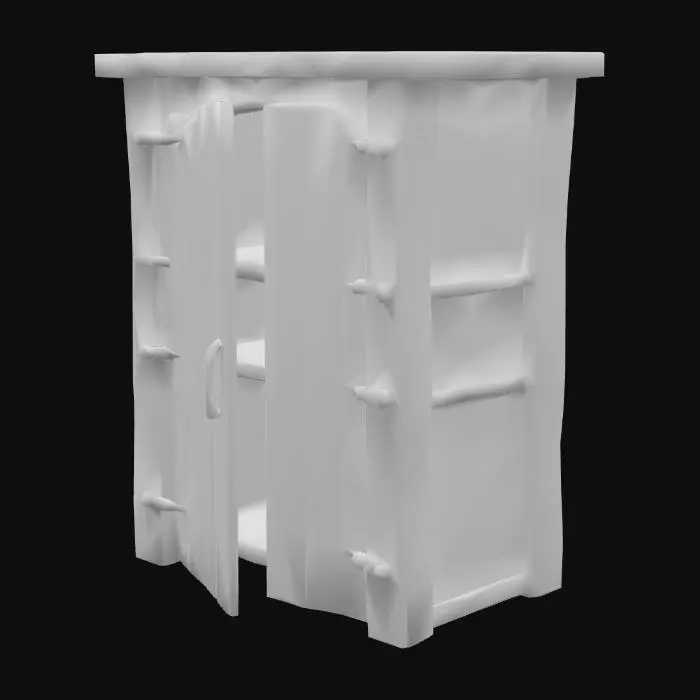 3D model for Create a game-ready 3D model of a medieval wooden door from the European Middle Ages (12th–15th century), optimized for GameGuru. The door is a sturdy oak panel with iron reinforcements and rivets, featuring rough wood grain and slight splintering. Textures are PBR with 2K resolution, including diffuse, normal, metallic, and roughness maps, showing aged wood and rusted metal. The model is posed in a neutral upright position for modular snapping in GameGuru, with a semi-realistic style balanced for detail and performance.