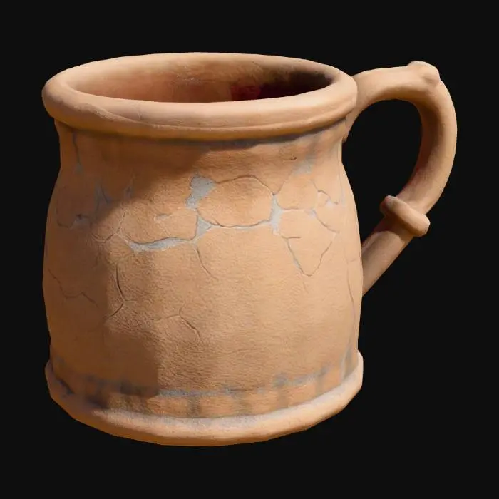 3D model for A simple medieval clay mug for a poor, rural tavern, hand-crafted, purely functional, no decoration. Uneven, slightly cracked surface, muted earthy colors (brown, grey), rough texture. Game-ready, centered on the origin, optimized geometry, no modern elements.