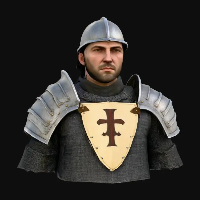 3D model for Create a game-ready 3D model of a medieval knight avatar from the European Middle Ages (12th–15th century), optimized for GameGuru to be exported as a standalone game. The knight is a male in his mid-30s with a weathered face, short beard, and short cropped hair under a closed helmet with visor. He wears chainmail with partial plate armor including chestplate, pauldrons, and greaves, paired with a tabard featuring a cross emblem. Textures are PBR with 2K resolution, including diffuse, normal, metallic, and roughness maps, showing realistic wear like scratches and rust on metal and fabric. The model is posed in a neutral T-pose for rigging compatibility in GameGuru, with a semi-realistic style balanced for detail and performance.
