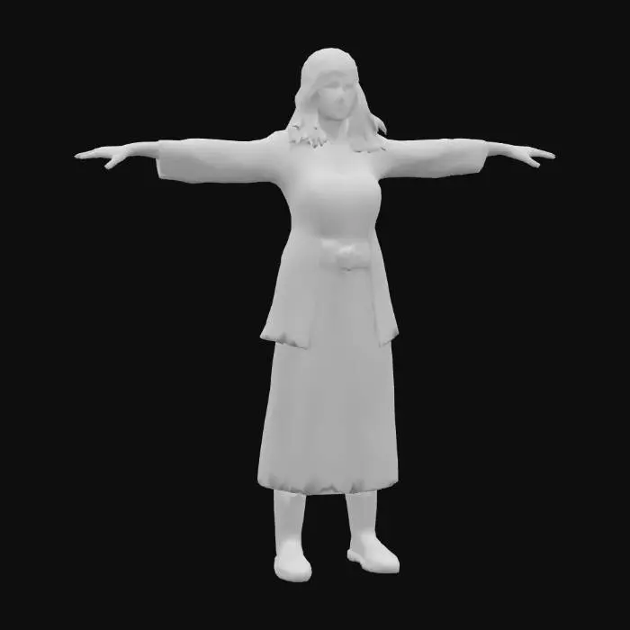 3D model for Create a game-ready 3D model of a medieval herbalist avatar from the European Middle Ages (12th–15th century). The herbalist is a female in her late 20s with a gentle expression and long, loose hair under a woven headband. She wears a simple linen dress with a high waist, a shawl, and soft leather shoes. Textures are PBR with 2K resolution, including diffuse, normal, metallic, and roughness maps, showing earthy fabric tones and subtle dirt marks. The model is posed in a neutral T-pose for rigging compatibility, with a semi-realistic style balanced for detail and performance.