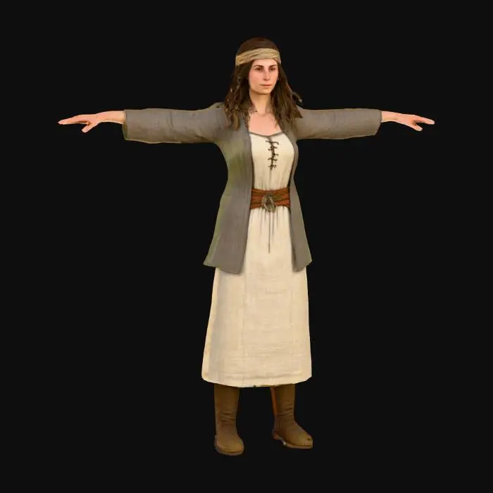 3D model for Create a game-ready 3D model of a medieval herbalist avatar from the European Middle Ages (12th–15th century). The herbalist is a female in her late 20s with a gentle expression and long, loose hair under a woven headband. She wears a simple linen dress with a high waist, a shawl, and soft leather shoes. Textures are PBR with 2K resolution, including diffuse, normal, metallic, and roughness maps, showing earthy fabric tones and subtle dirt marks. The model is posed in a neutral T-pose for rigging compatibility, with a semi-realistic style balanced for detail and performance.