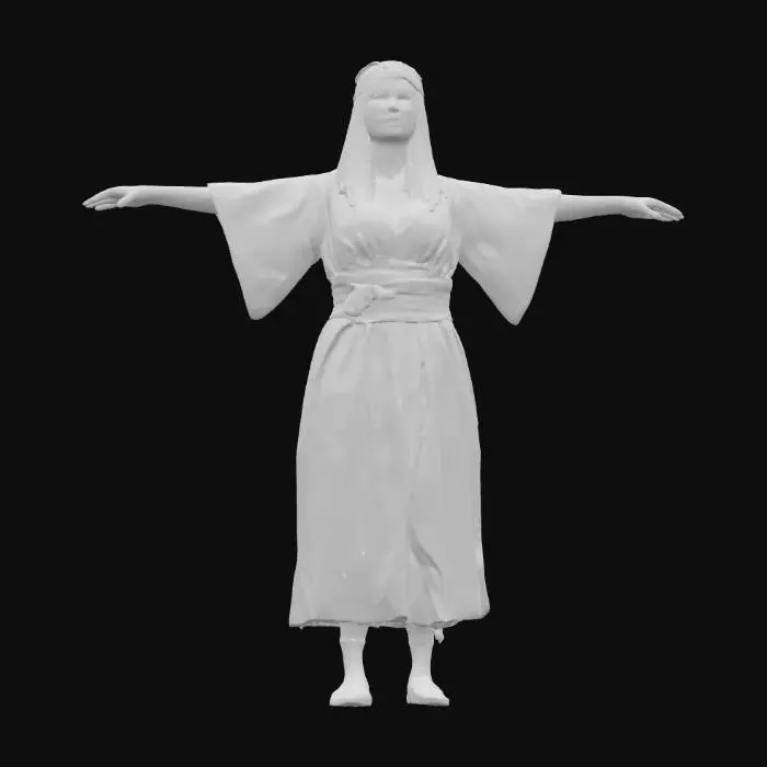 3D model for Create a game-ready 3D model of a medieval herbalist avatar from the European Middle Ages (12th–15th century). The herbalist is a female in her late 20s with a gentle expression and long, loose hair under a woven headband. She wears a simple linen dress with a high waist, a shawl, and soft leather shoes. Textures are PBR with 2K resolution, including diffuse, normal, metallic, and roughness maps, showing earthy fabric tones and subtle dirt marks. The model is posed in a neutral T-pose for rigging compatibility, with a semi-realistic style balanced for detail and performance.