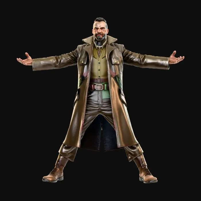 3D model for Wasteland Leader
Realistic male leader in T-pose, Game Ready with PBR textures. Layered leather coat, scarf, improvised armor details, rugged confident face, dusty and weathered Fallout-style outfit.