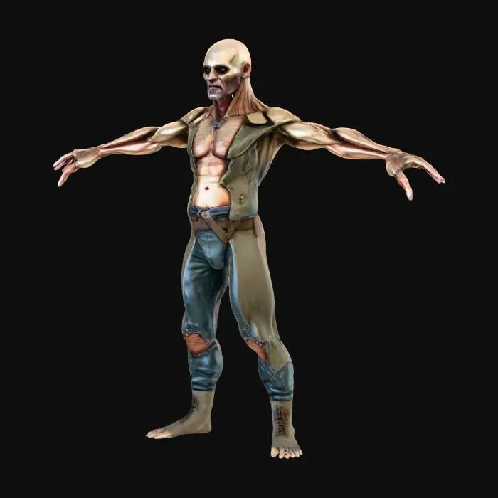3D model for Ghoul Citizen

Realistic male ghoul character in T-pose, Game Ready with PBR textures. Decayed skin, torn clothing, worn boots, ragged trench coat, Fallout-style ghoul civilian.
