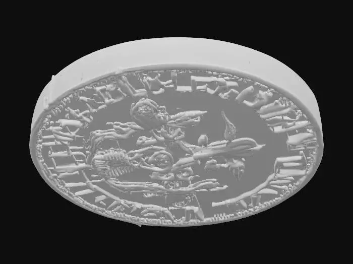 3D model for I'd like you to generate me a worn down black coin in the style of old gold doubloons and or pirate treasure so it needs to have some sort of ornate middle design with a figurehead on both sides but it needs to look worn and asymmetrical