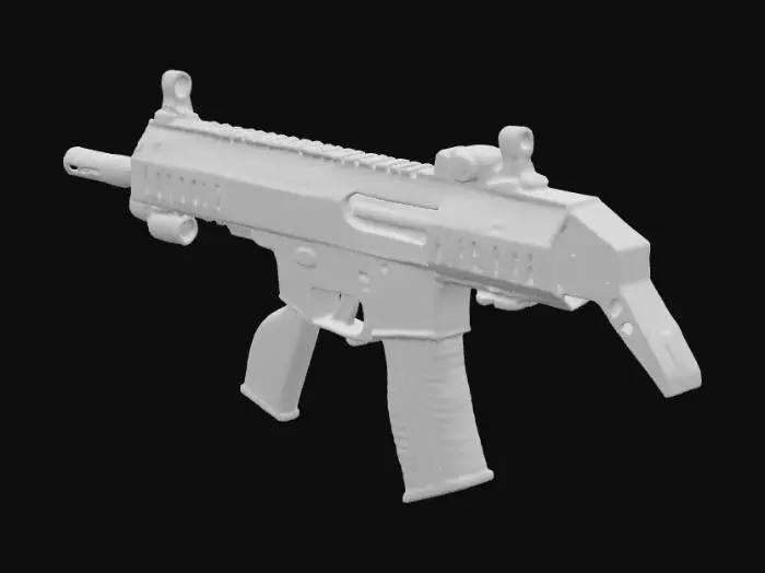 3D model for Прочное автоматическое огнестрельное оружие с корпусом из черного или темно-коричневого матового металла и деревянными или полимерными вставками. Металлические части имеют шероховатую, слегка зернистую текстуру, а деревянные — гладкую, но с ощущением древесных волокон. Форма оружия массивна, с характерным изогнутым магазином и прицельными приспособлениями. Общий вид грубоватый, утилитарный, с видимыми клепками и углублениями, указывающими на функциональность и надежность.