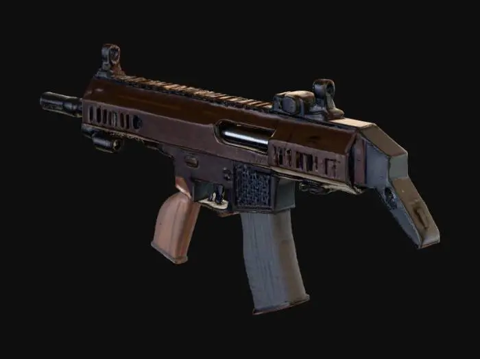 3D model for Прочное автоматическое огнестрельное оружие с корпусом из черного или темно-коричневого матового металла и деревянными или полимерными вставками. Металлические части имеют шероховатую, слегка зернистую текстуру, а деревянные — гладкую, но с ощущением древесных волокон. Форма оружия массивна, с характерным изогнутым магазином и прицельными приспособлениями. Общий вид грубоватый, утилитарный, с видимыми клепками и углублениями, указывающими на функциональность и надежность.