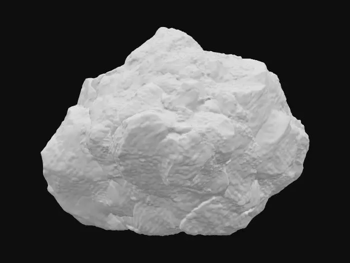 3D model for Крупный, древний булыжник, его поверхность грубая и неровная, покрытая мхом и лишайником. Он имеет землистые оттенки серого, коричневого и темно-зеленого. Материал — плотный гранит, отшлифованный водой и ветром, с мелкими кристаллическими вкраплениями. Форма его асимметрична, с несколькими острыми выступами и множеством мелких трещин, ощущается прохладным и шероховатым на ощупь.