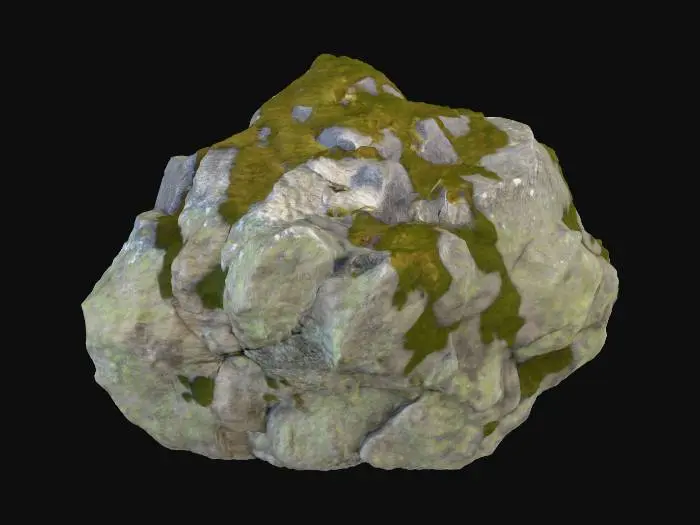 3D model for Крупный, древний булыжник, его поверхность грубая и неровная, покрытая мхом и лишайником. Он имеет землистые оттенки серого, коричневого и темно-зеленого. Материал — плотный гранит, отшлифованный водой и ветром, с мелкими кристаллическими вкраплениями. Форма его асимметрична, с несколькими острыми выступами и множеством мелких трещин, ощущается прохладным и шероховатым на ощупь.