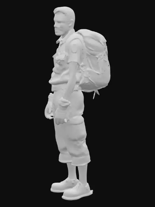 3D model for Изможденный курьер, его фигура худощава, а осанка напряжена. Он одет в потрепанную, грязную униформу из плотной ткани с заплатами, возможно, из рваного брезента, с выцветшим логотипом на груди. Рюкзак за спиной тяжелый и деформированный. Лицо покрыто грязью и щетиной, глаза настороженные, а рот плотно сжат. Одежда имеет потертости, разрывы и пятна, ощущается грубой и влажной.