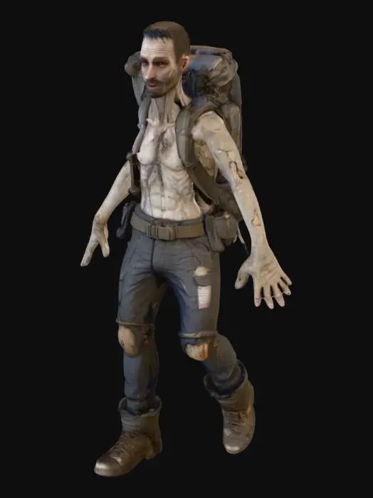 3D model for Изможденный курьер, его худощавая фигура стоит в нейтральной Т-позе, руки вытянуты в стороны, ступни вместе. Он одет в сильно потрепанную, грязную униформу из плотной ткани, возможно, брезента, с выцветшими нашивками и множеством заплат. На спине висит деформированный рюкзак. Лицо его покрыто щетиной и грязью, глаза настороженные, а рот плотно сжат. Одежда имеет многочисленные потертости, разрывы и пятна. Тактильные ощущения: грубые, грязные и влажные от длительного использования.