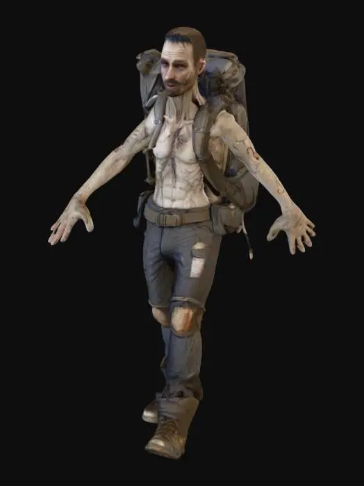 3D model for Изможденный курьер, его худощавая фигура стоит в нейтральной Т-позе, руки вытянуты в стороны, ступни вместе. Он одет в сильно потрепанную, грязную униформу из плотной ткани, возможно, брезента, с выцветшими нашивками и множеством заплат. На спине висит деформированный рюкзак. Лицо его покрыто щетиной и грязью, глаза настороженные, а рот плотно сжат. Одежда имеет многочисленные потертости, разрывы и пятна. Тактильные ощущения: грубые, грязные и влажные от длительного использования.