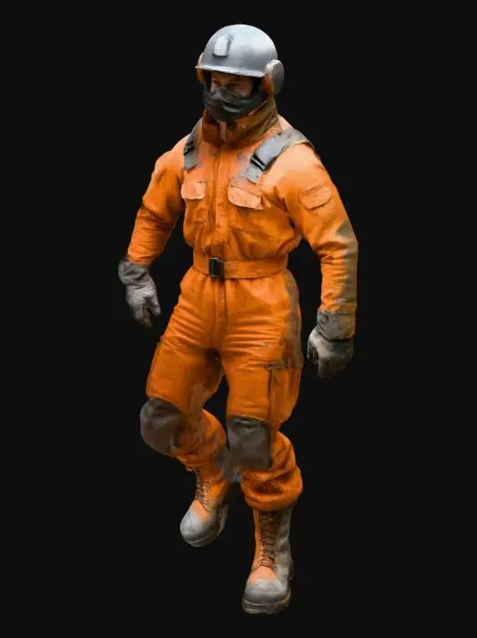 3D model for Персонаж, его фигура укутана в громоздкий, многослойный комбинезон из прочной, но сильно потертой синтетической ткани, напоминающей изношенный брезент или кевлар. Цвет комбинезона — тускло-оранжевый или темно-серый, с пятнами грязи и машинного масла. Тяжелые, массивные ботинки с металлическими носками и толстые перчатки защищают конечности. Голову покрывает герметичный шлем с мутным визором, скрывающим лицо, лишь намекая на настороженное или изможденное выражение. Общая форма угловатая, функциональная, но с видимыми следами сурового выживания.