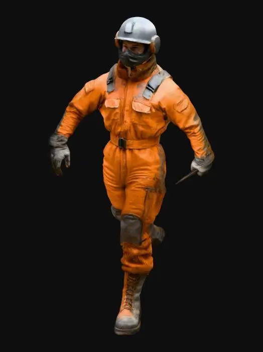 3D model for Персонаж, его фигура укутана в громоздкий, многослойный комбинезон из прочной, но сильно потертой синтетической ткани, напоминающей изношенный брезент или кевлар. Цвет комбинезона — тускло-оранжевый или темно-серый, с пятнами грязи и машинного масла. Тяжелые, массивные ботинки с металлическими носками и толстые перчатки защищают конечности. Голову покрывает герметичный шлем с мутным визором, скрывающим лицо, лишь намекая на настороженное или изможденное выражение. Общая форма угловатая, функциональная, но с видимыми следами сурового выживания.