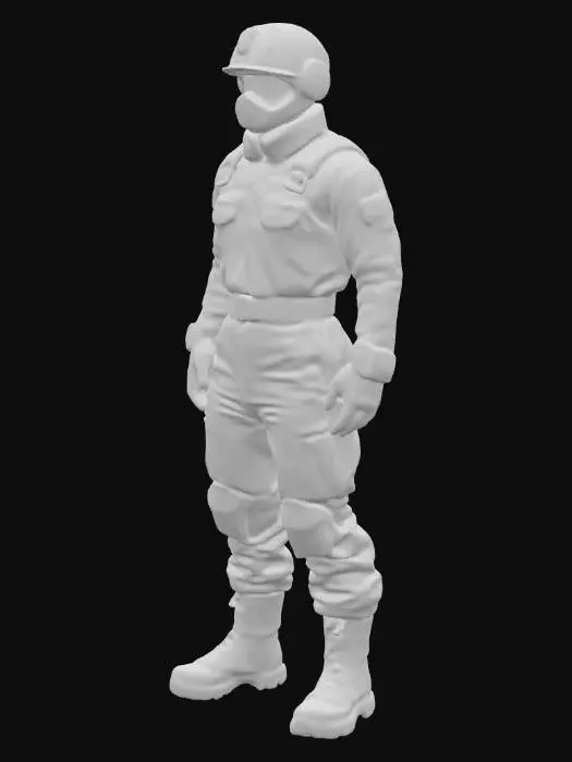 3D model for Персонаж, его фигура укутана в громоздкий, многослойный комбинезон из прочной, но сильно потертой синтетической ткани, напоминающей изношенный брезент или кевлар. Цвет комбинезона — тускло-оранжевый или темно-серый, с пятнами грязи и машинного масла. Тяжелые, массивные ботинки с металлическими носками и толстые перчатки защищают конечности. Голову покрывает герметичный шлем с мутным визором, скрывающим лицо, лишь намекая на настороженное или изможденное выражение. Общая форма угловатая, функциональная, но с видимыми следами сурового выживания.