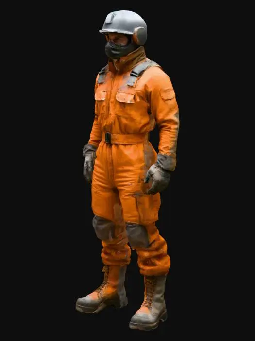 3D model for Персонаж, его фигура укутана в громоздкий, многослойный комбинезон из прочной, но сильно потертой синтетической ткани, напоминающей изношенный брезент или кевлар. Цвет комбинезона — тускло-оранжевый или темно-серый, с пятнами грязи и машинного масла. Тяжелые, массивные ботинки с металлическими носками и толстые перчатки защищают конечности. Голову покрывает герметичный шлем с мутным визором, скрывающим лицо, лишь намекая на настороженное или изможденное выражение. Общая форма угловатая, функциональная, но с видимыми следами сурового выживания.