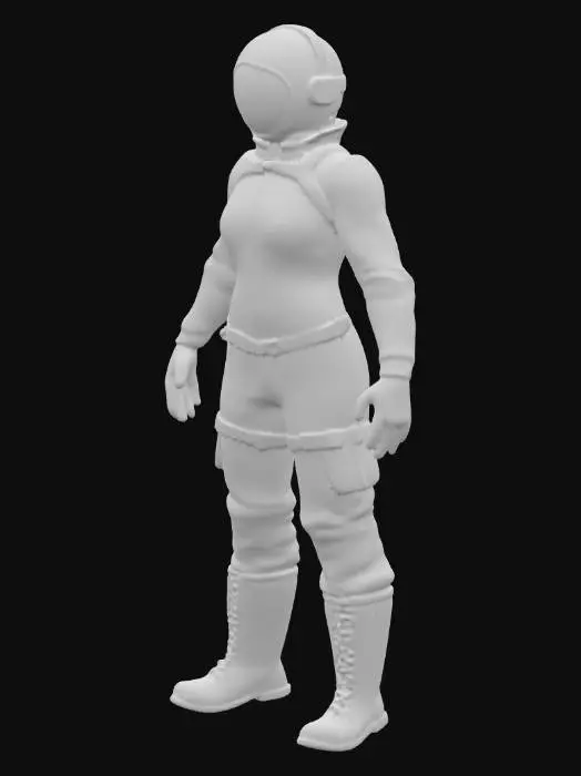 3D model for Персонаж в стиле игр Forsaken Frontiers, Lethal Company, Backrooms, Zort стоит в нейтральной Т-позе: руки вытянуты прямо в стороны на уровне плеч, ладони смотрят вниз, ноги вместе, голова прямо. Его фигура укутана в громоздкий, многослойный комбинезон из прочной, сильно потертой синтетической ткани, тускло-оранжевого или темно-серого цвета, с пятнами грязи и машинного масла. Тяжелые ботинки и толстые перчатки защищают конечности. Голову покрывает герметичный шлем с мутным визором, скрывающим лицо. Форма угловатая, функциональная, с видимыми следами сурового выживания и грубой текстурой.