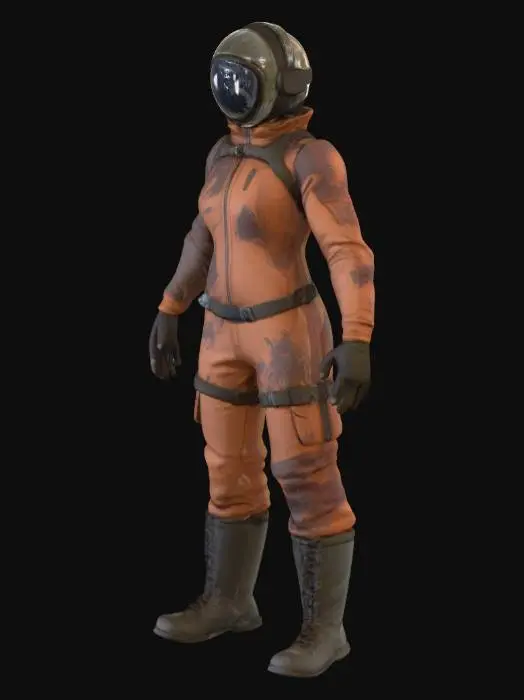 3D model for Персонаж в стиле игр Forsaken Frontiers, Lethal Company, Backrooms, Zort стоит в нейтральной Т-позе: руки вытянуты прямо в стороны на уровне плеч, ладони смотрят вниз, ноги вместе, голова прямо. Его фигура укутана в громоздкий, многослойный комбинезон из прочной, сильно потертой синтетической ткани, тускло-оранжевого или темно-серого цвета, с пятнами грязи и машинного масла. Тяжелые ботинки и толстые перчатки защищают конечности. Голову покрывает герметичный шлем с мутным визором, скрывающим лицо. Форма угловатая, функциональная, с видимыми следами сурового выживания и грубой текстурой.