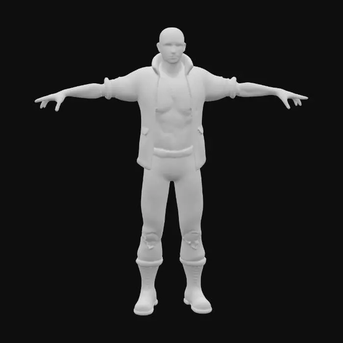 3D model for Стандартный персонаж игры про зомби-апокалипсис, его фигура крепкая, но изможденная, стоит в нейтральной Т-позе с вытянутыми в стороны руками. Он одет в многослойную, сильно поношенную одежду: выцветшие джинсы, грязную толстовку или куртку из плотной ткани, возможно, с заплатами и потертостями. Кожа на лице и руках покрыта грязью и царапинами. Выражение лица нейтральное, но в нем читается усталость. Все ткани кажутся грубыми, испачканными и рваными, а обувь — тяжелой и грязной.