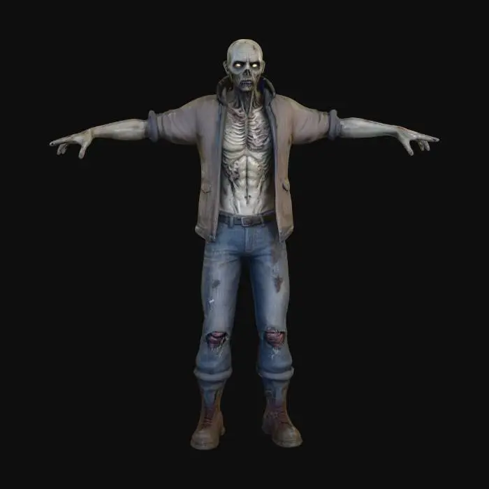 3D model for Стандартный персонаж игры про зомби-апокалипсис, его фигура крепкая, но изможденная, стоит в нейтральной Т-позе с вытянутыми в стороны руками. Он одет в многослойную, сильно поношенную одежду: выцветшие джинсы, грязную толстовку или куртку из плотной ткани, возможно, с заплатами и потертостями. Кожа на лице и руках покрыта грязью и царапинами. Выражение лица нейтральное, но в нем читается усталость. Все ткани кажутся грубыми, испачканными и рваными, а обувь — тяжелой и грязной.