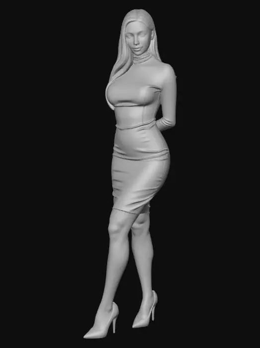 3D model for A beautiful 31 years old white women . she has a Strawberry blonde long straight hair ( flipped up left ) . body details : cuvy body , medium breast and dark blush and cat eye eyeliner . she wears a turleneck long sleeve red latex pencil mini dress . she has a red high heels stiletto