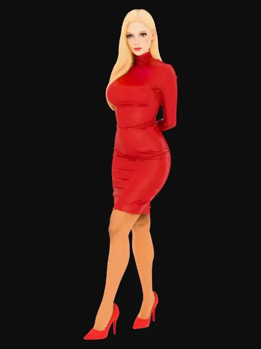 3D model for A beautiful 31 years old white women . she has a Strawberry blonde long straight hair ( flipped up left ) . body details : cuvy body , medium breast and dark blush and cat eye eyeliner . she wears a turleneck long sleeve red latex pencil mini dress . she has a red high heels stiletto