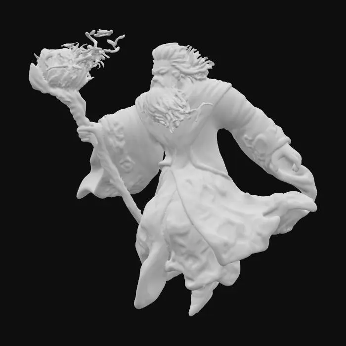 3D model for An angry wizard is captured mid-air, with a fierce scowl on his face and clenched teeth. His voluminous robe is rendered in stark black and fiery red, adorned with dynamic, licking flame patterns that appear to move across the fabric. A gnarled, dark wooden wand is thrust forward in his hand, intensely emitting a pulsating, orange-red fireball that trails wisps of smoke. The intricate textures of the flames on his robe are vivid.