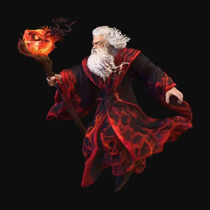 3D model for An angry wizard is captured mid-air, with a fierce scowl on his face and clenched teeth. His voluminous robe is rendered in stark black and fiery red, adorned with dynamic, licking flame patterns that appear to move across the fabric. A gnarled, dark wooden wand is thrust forward in his hand, intensely emitting a pulsating, orange-red fireball that trails wisps of smoke. The intricate textures of the flames on his robe are vivid.