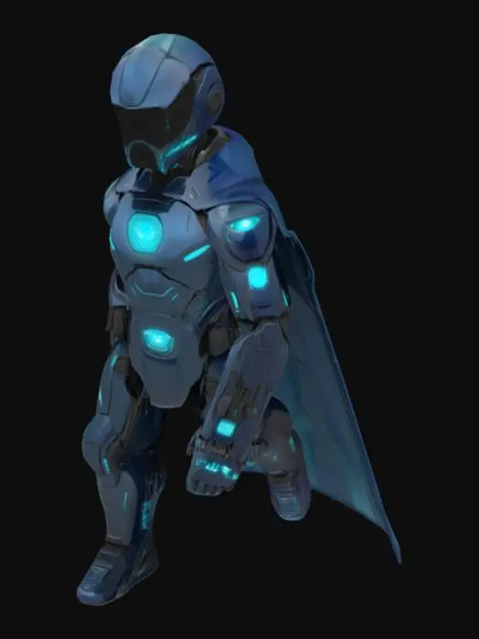 3D model for "Киберстраж" – это гуманоидный супергерой с обтекаемым, слегка угловатым силуэтом, выполненным из темно-синего полированного металла, который имеет легкое мерцание. Его лицо закрыто гладкой черной визором-маской, из-за которой исходит мягкое бирюзовое свечение, обозначающее искусственный интеллект. Поверхность его костюма имитирует сложную сеть микросхем, добавляя текстуру. Его стойка уверенная и собранная, с расправленными плечами, готовыми к действию.