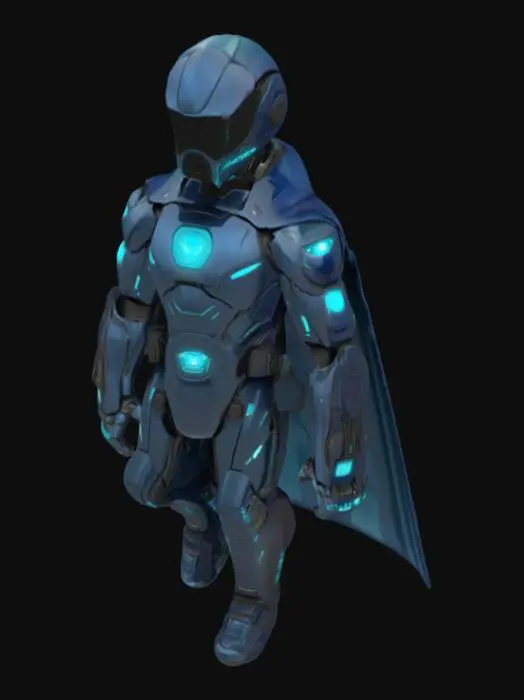 3D model for "Киберстраж" – это гуманоидный супергерой с обтекаемым, слегка угловатым силуэтом, выполненным из темно-синего полированного металла, который имеет легкое мерцание. Его лицо закрыто гладкой черной визором-маской, из-за которой исходит мягкое бирюзовое свечение, обозначающее искусственный интеллект. Поверхность его костюма имитирует сложную сеть микросхем, добавляя текстуру. Его стойка уверенная и собранная, с расправленными плечами, готовыми к действию.