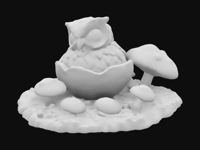 3D model for yumurta kabuğunun içinde yatan minik bie baykuş.. Çevresinde mantarlarla çevrili. ultra detaylı.