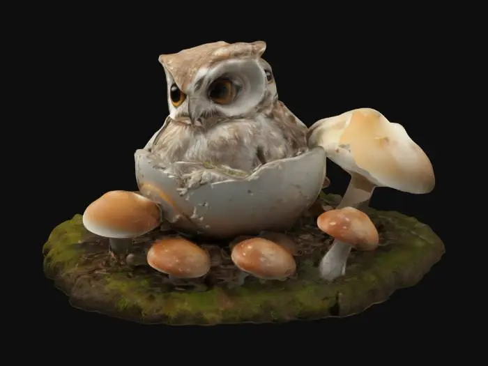 3D model for yumurta kabuğunun içinde yatan minik bie baykuş.. Çevresinde mantarlarla çevrili. ultra detaylı.