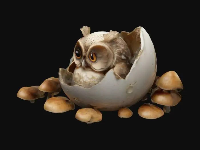 3D model for yumurta kabuğunun içinde yatan minik bie baykuş.. Çevresinde mantarlarla çevrili. ultra detaylı.