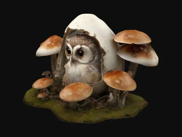 3D model for yumurta kabuğunun içinde yatan minik bie baykuş.. Çevresinde mantarlarla çevrili. ultra detaylı.