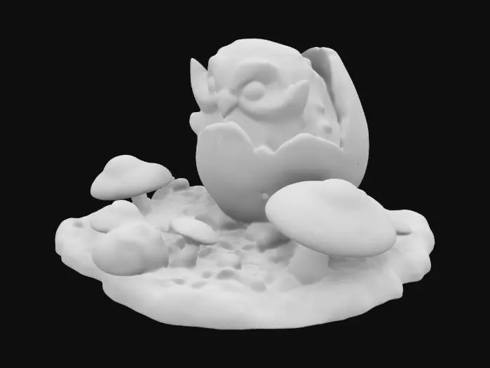 3D model for yumurta kabuğunun içinde yatan minik bie baykuş.. Çevresinde mantarlarla çevrili. ultra detaylı.