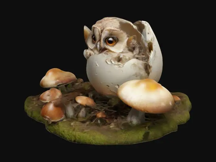 3D model for yumurta kabuğunun içinde yatan minik bie baykuş.. Çevresinde mantarlarla çevrili. ultra detaylı.