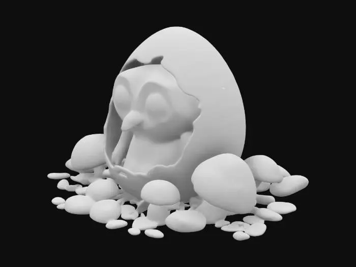 3D model for yumurta kabuğunun içinde yatan minik bie baykuş.. Çevresinde mantarlarla çevrili. ultra detaylı.