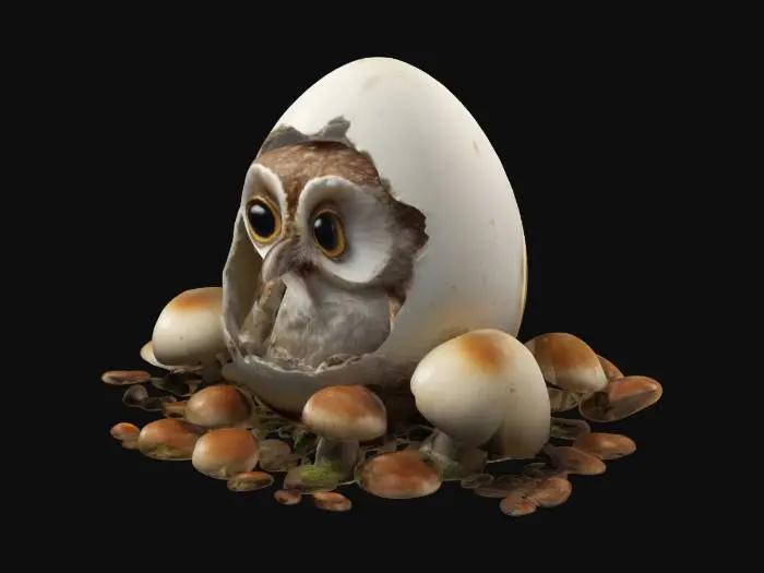 3D model for yumurta kabuğunun içinde yatan minik bie baykuş.. Çevresinde mantarlarla çevrili. ultra detaylı.