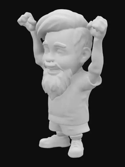 3D model for Gol kutlaması yapan Lionel Messi. Chibi sanat sitili. Uzun sakallı. Yüz detayları gerçekçi. Sakalı son derece detaylı. Kollarını kaldırmış.  Ultra detay. Stilize edilmiş.  Duvar kalınlığı minimum 3 mm. Detay çıkıntıları minimum 5 mm. Detay girinti derinliği en az 3 mm.