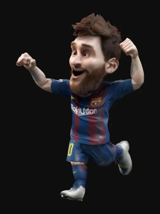3D model for Gol kutlaması yapan Lionel Messi. Chibi sanat sitili. Uzun sakallı. Yüz detayları gerçekçi. Sakalı son derece detaylı. Kollarını kaldırmış.  Ultra detay. Stilize edilmiş.  Duvar kalınlığı minimum 3 mm. Detay çıkıntıları minimum 5 mm. Detay girinti derinliği en az 3 mm.