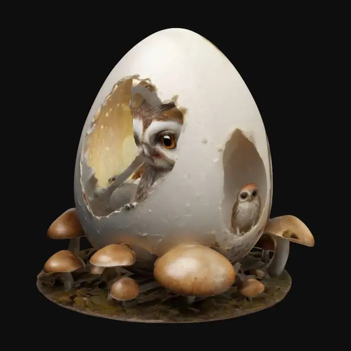 3D model for yumurta kabuğunun içinde yatan minik bie baykuş.. Çevresinde mantarlarla çevrili. ultra detaylı.