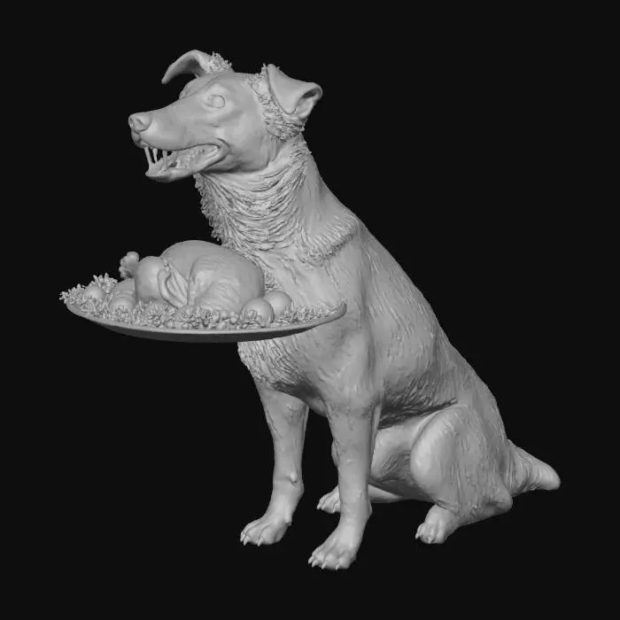 3D model for #Thanksgiving#, A friendly, smiling dog, proudly presenting a beautifully roasted Thanksgiving turkey on a platter. The dog is looking directly at the viewer, as if offering the meal. The background is a warm, festive Thanksgiving setting.