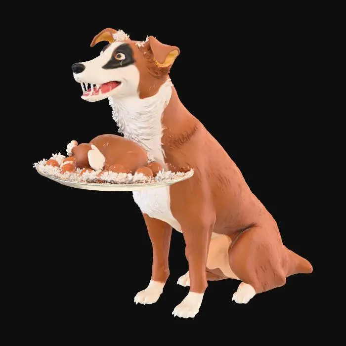 3D model for #Thanksgiving#, A friendly, smiling dog, proudly presenting a beautifully roasted Thanksgiving turkey on a platter. The dog is looking directly at the viewer, as if offering the meal. The background is a warm, festive Thanksgiving setting.