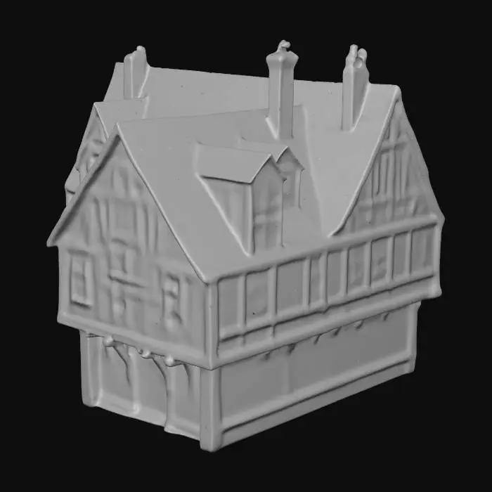 3D model for Medieval European fantasy townhouse, timber frame upper floor, stone base, steep dark shingle roof, narrow arched windows, warm lighting, anime style, slightly gothic atmosphere