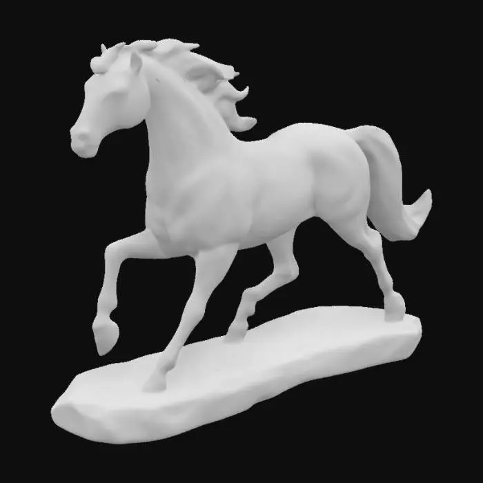 3D model for Stylized wood sculpture of a galloping horse with flowing mane and defined muscles, rendered in smooth carved lines and natural wood textures.